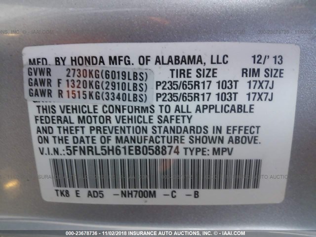 5FNRL5H61EB058874 - 2014 HONDA ODYSSEY EXL SILVER photo 9