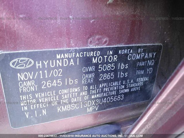 KM8SC13DX3U405683 - 2003 HYUNDAI SANTA FE GLS/LX RED photo 9