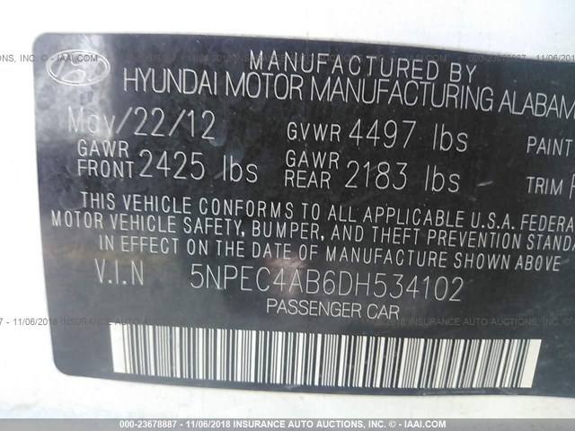 5NPEC4AB6DH534102 - 2013 HYUNDAI SONATA SE/LIMITED WHITE photo 9