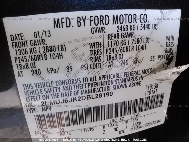 2LMDJ6JK2DBL28199 - 2013 LINCOLN MKX BLUE photo 9