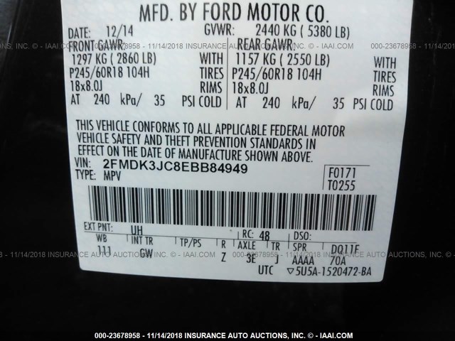 2FMDK3JC8EBB84949 - 2014 FORD EDGE SEL BLACK photo 9