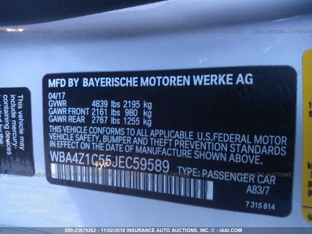 WBA4Z1C55JEC59589 - 2018 BMW 430I SILVER photo 9