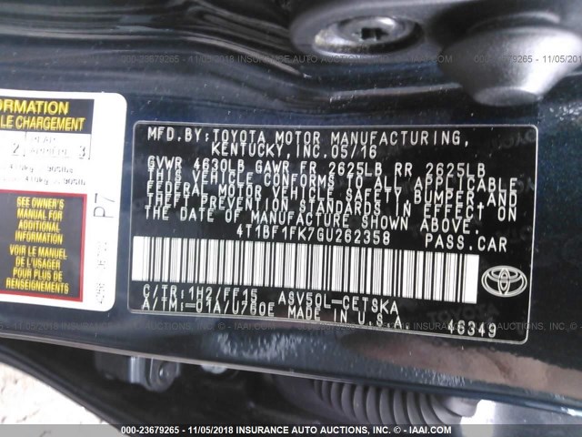 4T1BF1FK7GU262358 - 2016 TOYOTA CAMRY LE/XLE/SE/XSE BLACK photo 9