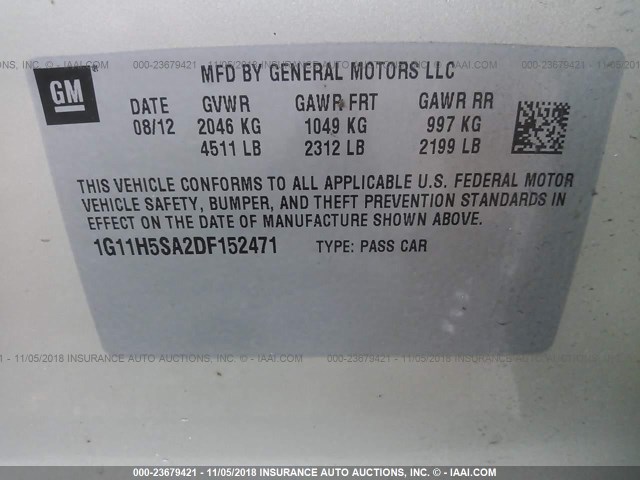 1G11H5SA2DF152471 - 2013 CHEVROLET MALIBU LTZ 银色 照片 9
