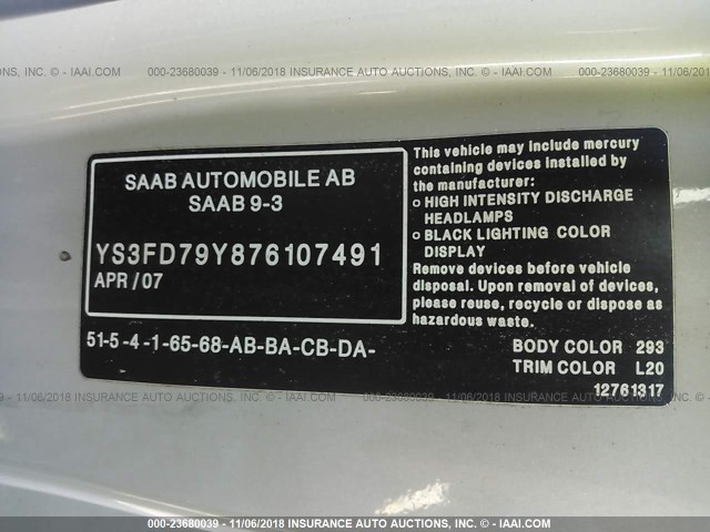 YS3FD79Y876107491 - 2007 SAAB 9-3 2.0T TAN photo 9