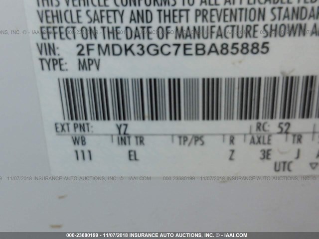 2FMDK3GC7EBA85885 - 2014 FORD EDGE SE WHITE photo 9