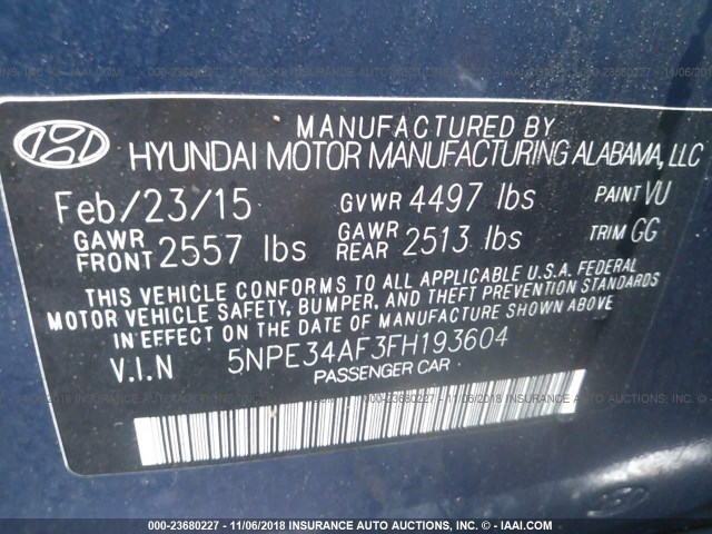 5NPE34AF3FH193604 - 2015 HYUNDAI SONATA SPORT/LIMITED BLUE photo 9