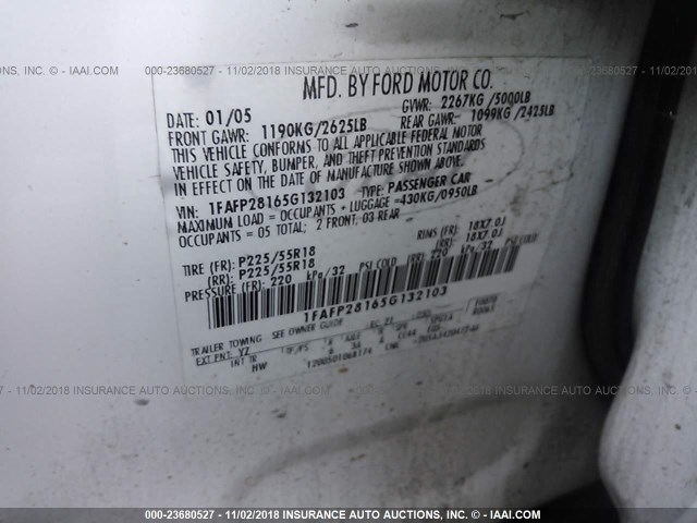 1FAFP28165G132103 - 2005 FORD FIVE HUNDRED LIMITED WHITE photo 9