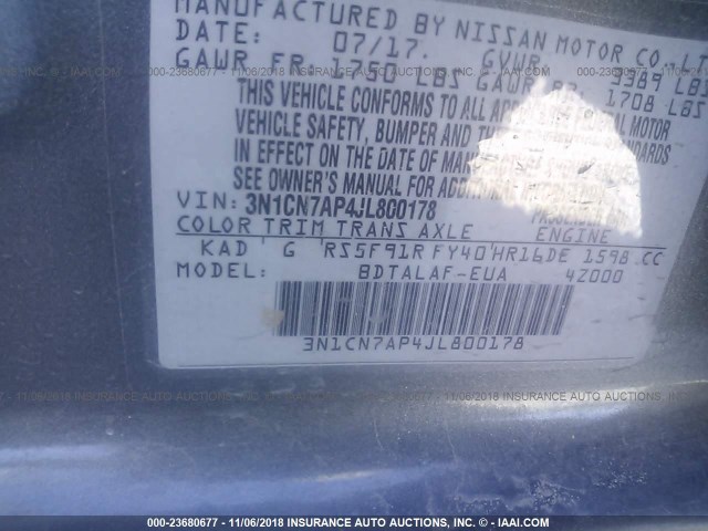 3N1CN7AP4JL800178 - 2018 NISSAN VERSA S/S PLUS/SV/SL GRAY photo 9