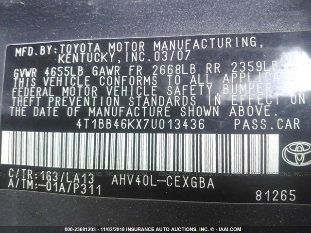 4T1BB46KX7U013436 - 2007 TOYOTA CAMRY NEW GENERAT HYBRID GRAY photo 9