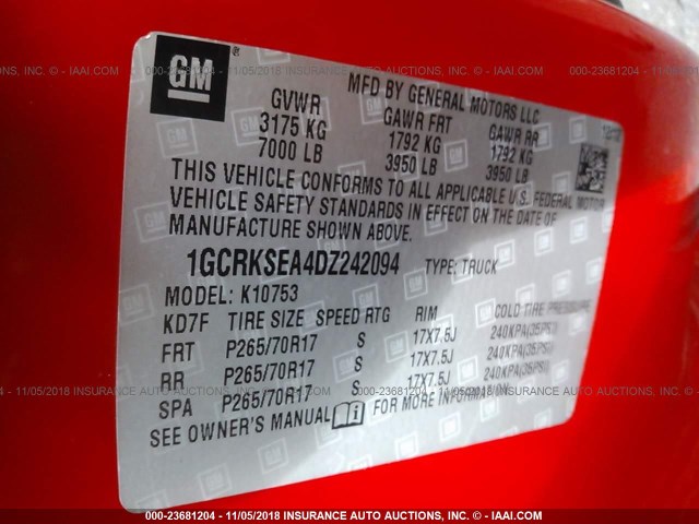 1GCRKSEA4DZ242094 - 2013 CHEVROLET SILVERADO K1500 LT RED photo 9