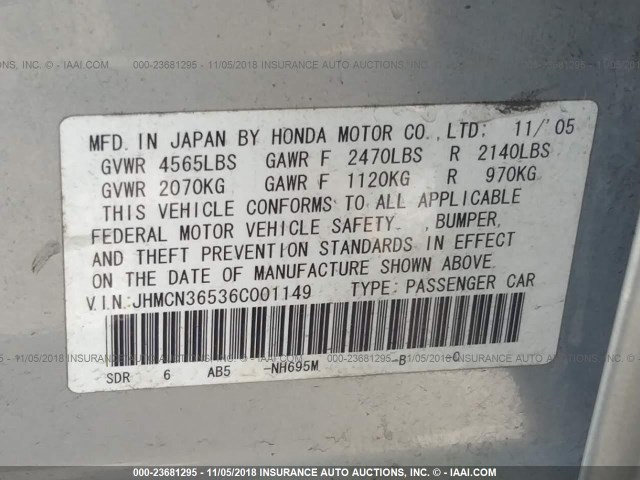 JHMCN36536C001149 - 2006 HONDA ACCORD HYBRID SILVER photo 9