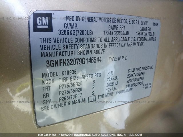 3GNFK32079G146544 - 2009 CHEVROLET AVALANCHE K1500 LTZ GOLD photo 9