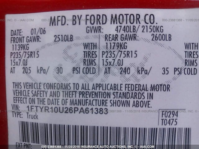 1FTYR10U26PA61383 - 2006 FORD RANGER RED photo 9