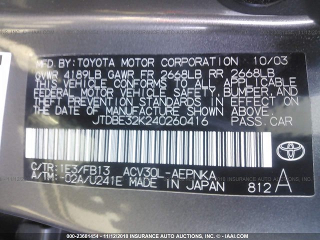 JTDBE32K240260416 - 2004 TOYOTA CAMRY LE/XLE 灰色 照片 9
