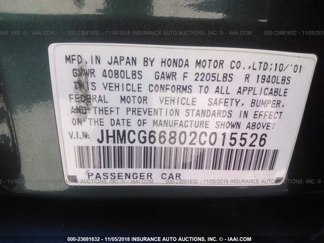 JHMCG66802C015526 - 2002 HONDA ACCORD EX/SE GREEN photo 9