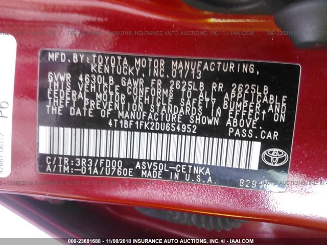 4T1BF1FK2DU654952 - 2013 TOYOTA CAMRY L/SE/LE/XLE Qırmızı foto 9