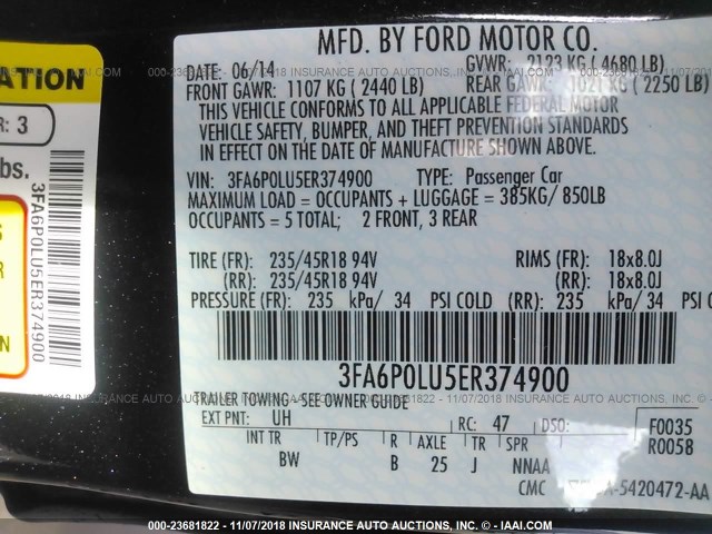 3FA6P0LU5ER374900 - 2014 FORD FUSION SE HYBRID BLACK photo 9