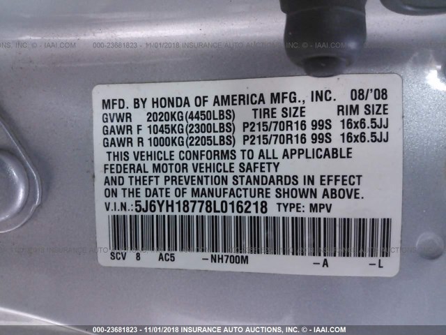 5J6YH18778L016218 - 2008 HONDA ELEMENT EX SILVER photo 9