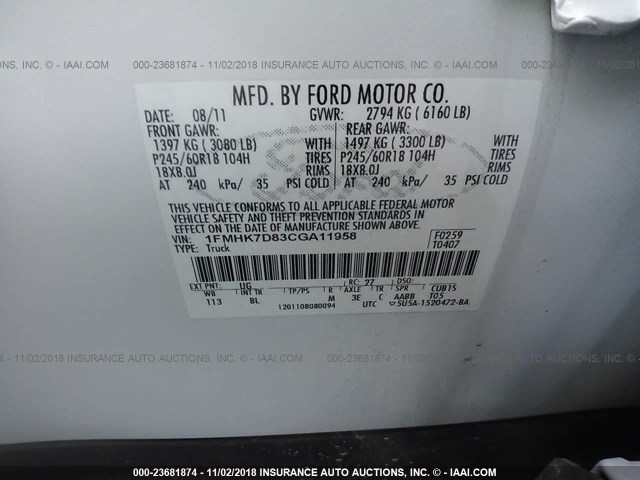 1FMHK7D83CGA11958 - 2012 FORD EXPLORER XLT WHITE photo 9