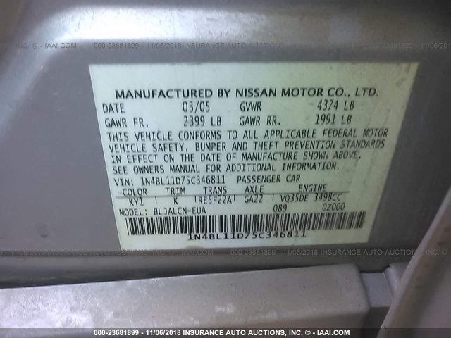 1N4BL11D75C346811 - 2005 NISSAN ALTIMA SE/SL/SE-R SILVER photo 9