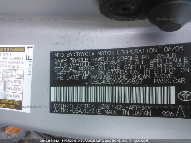 JTDBL40E099059867 - 2009 TOYOTA COROLLA LE/XLE SILVER photo 9