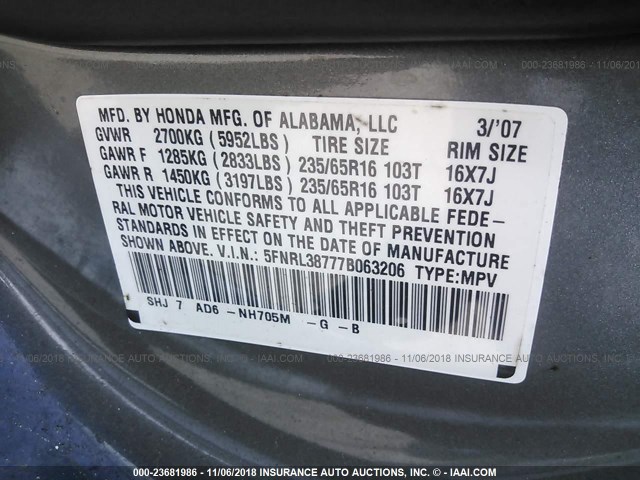 5FNRL38777B063206 - 2007 HONDA ODYSSEY EXL GRAY photo 9