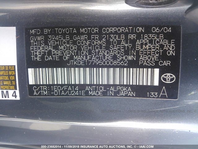 JTKDE177950008562 - 2005 TOYOTA SCION TC ნაცრისფერი ფოტო 9