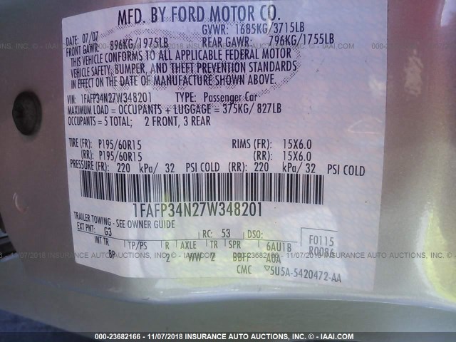 1FAFP34N27W348201 - 2007 FORD FOCUS ZX4/S/SE/SES GOLD photo 9