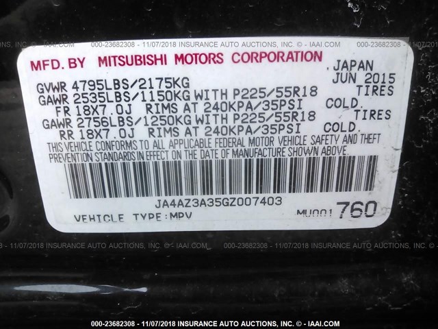 JA4AZ3A35GZ007403 - 2016 MITSUBISHI OUTLANDER SE/SEL BLACK photo 9