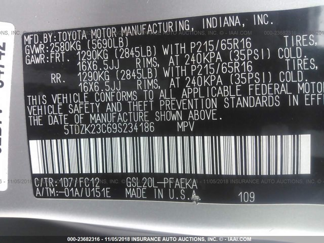 5TDZK23C69S234186 - 2009 TOYOTA SIENNA CE/LE SILVER photo 9