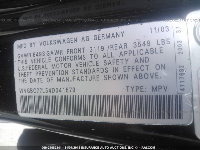 WVGBC77L54D041579 - 2004 VOLKSWAGEN TOUAREG 3.2 BLACK photo 9