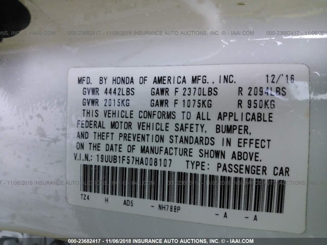 19UUB1F57HA008107 - 2017 ACURA TLX TECH თეთრი ფოტო 9
