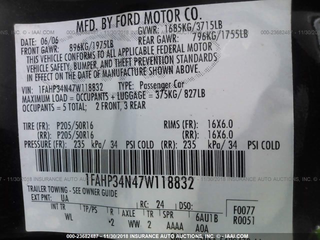 1FAHP34N47W118832 - 2007 FORD FOCUS ZX4/S/SE/SES 黑色 照片 9