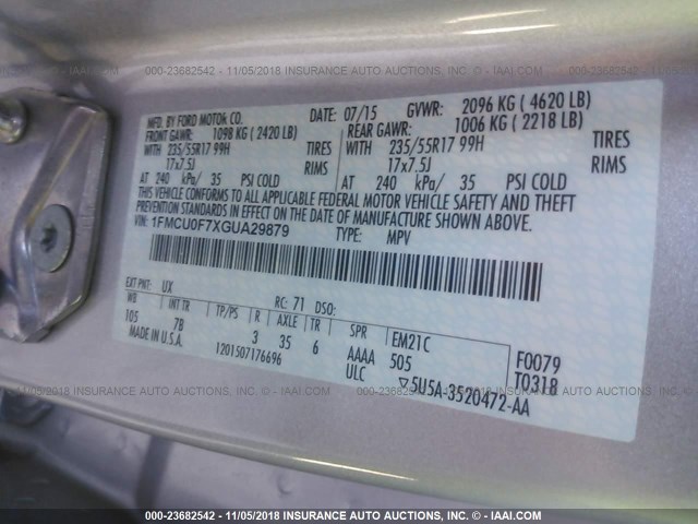 1FMCU0F7XGUA29879 - 2016 FORD ESCAPE S SILVER photo 9