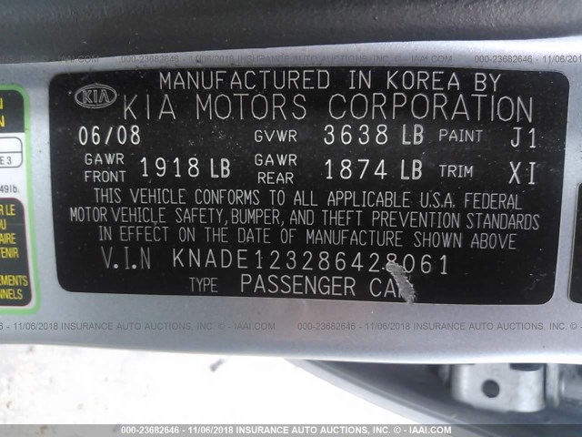 KNADE123286428061 - 2008 KIA RIO LX/SX Light Blue photo 9