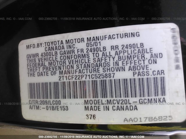 2T1CF22P71C525887 - 2001 TOYOTA CAMRY SOLARA SE/SLE შავი ფოტო 9