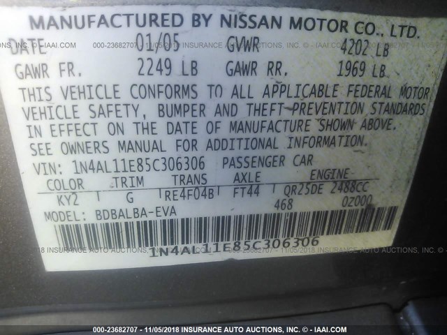 1N4AL11E85C306306 - 2005 NISSAN ALTIMA S/SL GRAY photo 9