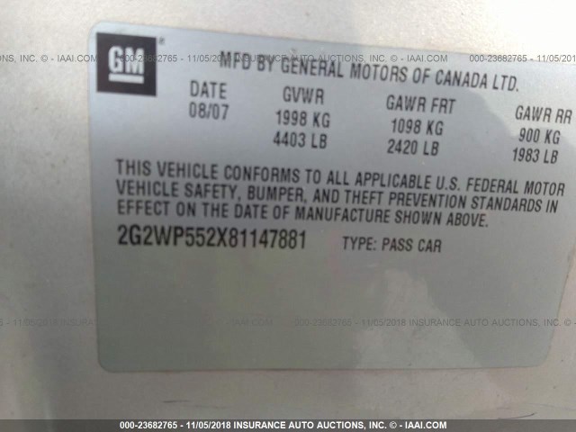 2G2WP552X81147881 - 2008 PONTIAC GRAND PRIX GOLD photo 9