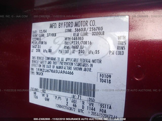 1FMZU67K65UA94466 - 2005 FORD EXPLORER SPORT TR  RED photo 9