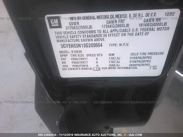 3GYEK63N13G200664 - 2003 CADILLAC ESCALADE EXT BLACK photo 9