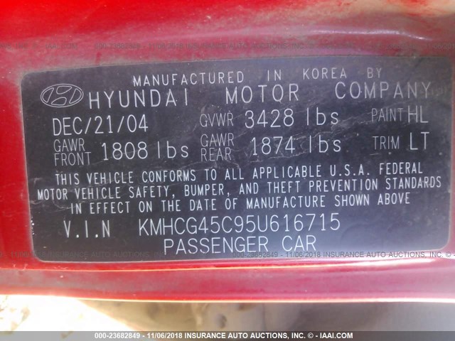 KMHCG45C95U616715 - 2005 HYUNDAI ACCENT GL RED photo 9