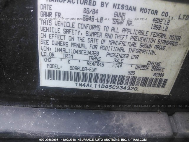 1N4AL11D45C234320 - 2005 NISSAN ALTIMA S/SL BLACK photo 9