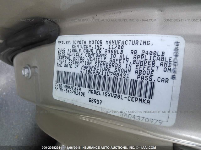 4T1BG22K11U790431 - 2001 TOYOTA CAMRY CE/LE/XLE TAN photo 9