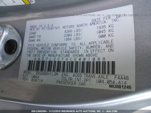 4A37L2EF6CE001088 - 2012 MITSUBISHI ECLIPSE SPYDER GS SILVER photo 9