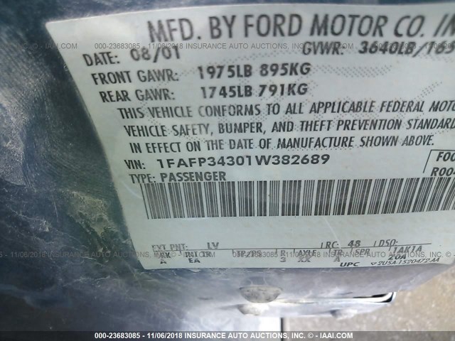 1FAFP34301W382689 - 2001 FORD FOCUS SE/SE SPORT BLUE photo 9