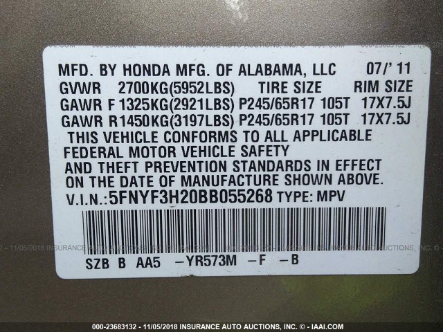 5FNYF3H20BB055268 - 2011 HONDA PILOT LX GOLD photo 9