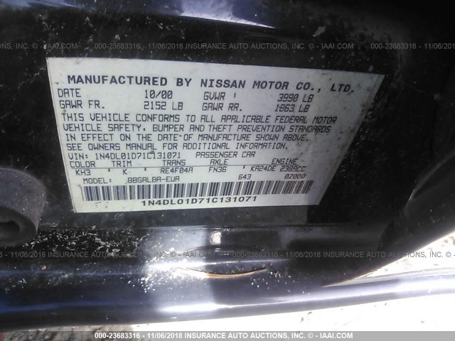 1N4DL01D71C131071 - 2001 NISSAN ALTIMA XE/GXE/SE BLACK photo 9