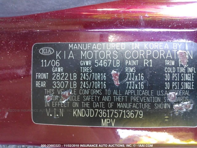 KNDJD736175713679 - 2007 KIA SORENTO EX/LX BURGUNDY photo 9