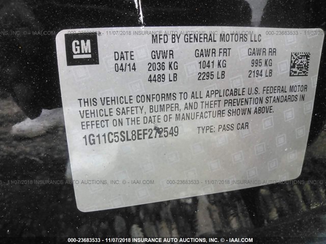 1G11C5SL8EF272549 - 2014 CHEVROLET MALIBU 1LT BLACK photo 9